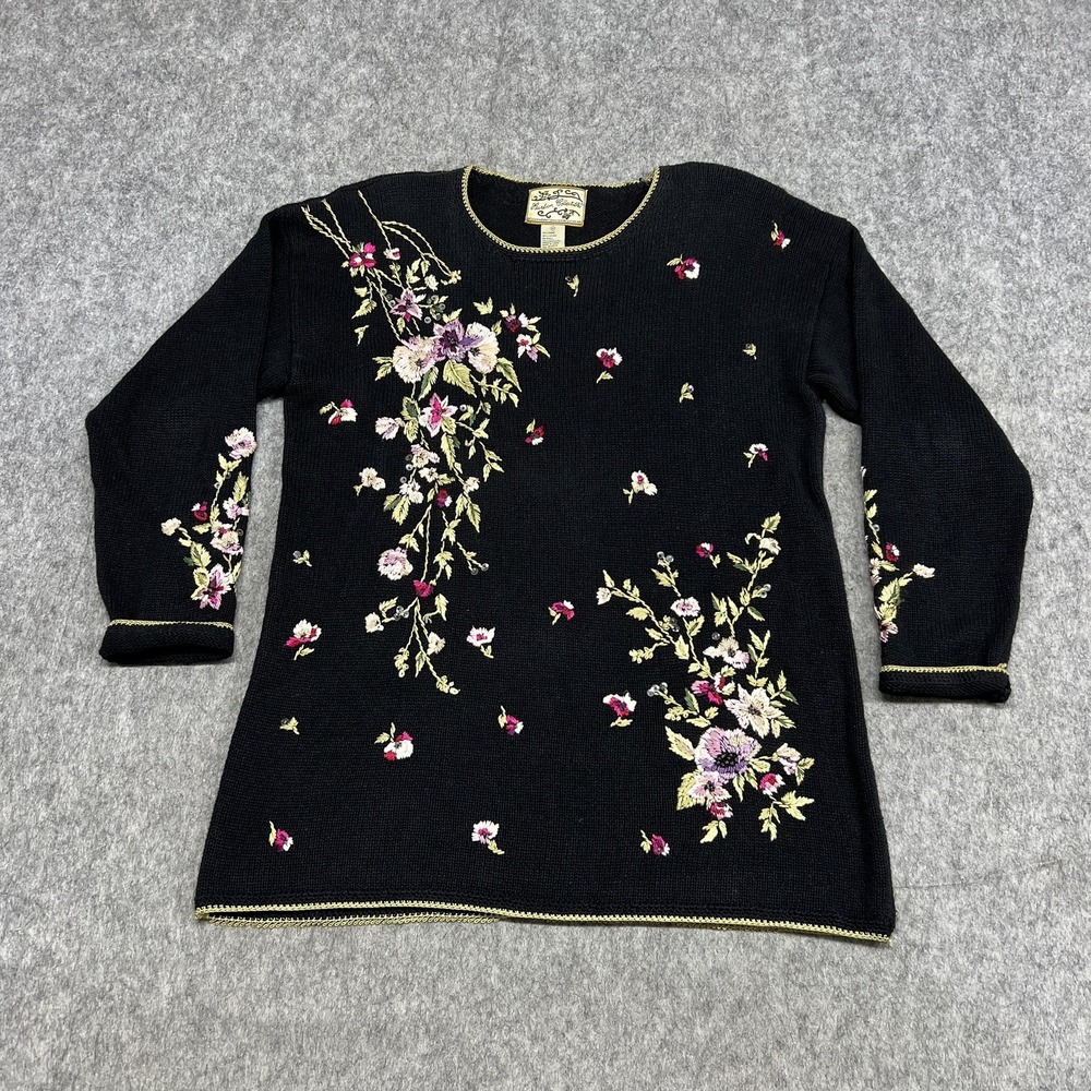 Vintage Heirloom Collectibles Sweater Womens M‎ Black Floral Embroidered Y2K